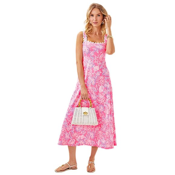 Lilly Pulitzer Dwyer Midi Dress in Rousseau Pink/Zen Garden NWT - Size Medium - Picture 1 of 9